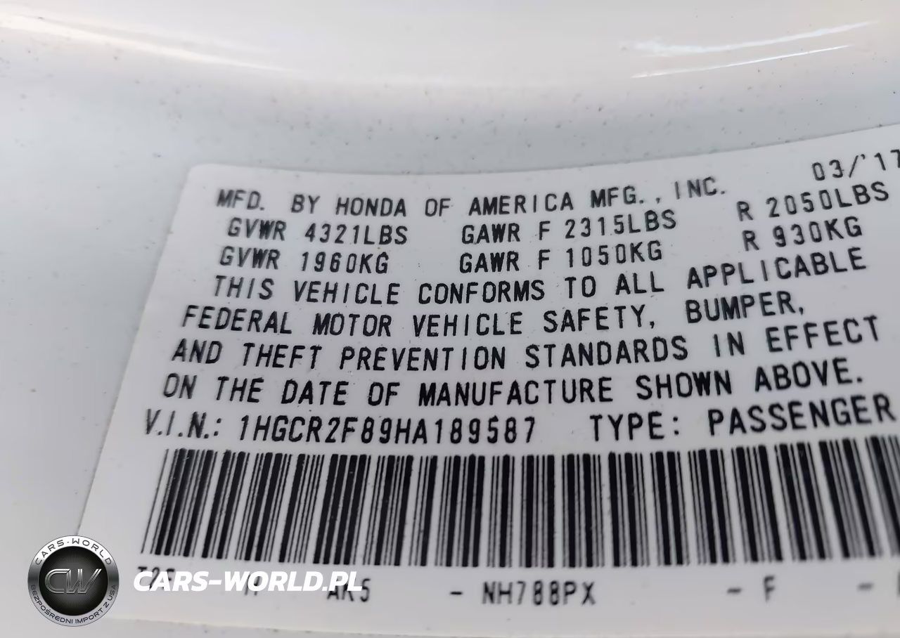 2017 Honda Accord Ex-L VIN:1HGCR2F89HA189587 - 9