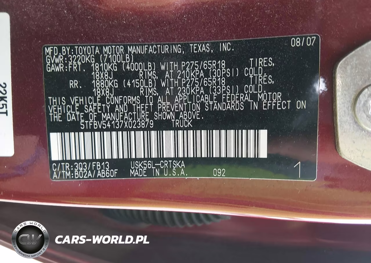 2007 Toyota Tundra Sr5 5.7L V8 VIN:5TFBV54137X023879 - 9