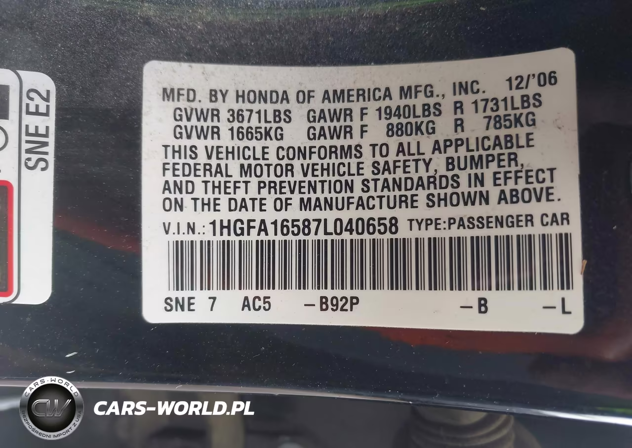 2007 Honda Civic Lx VIN:1HGFA16587L040658 - 9