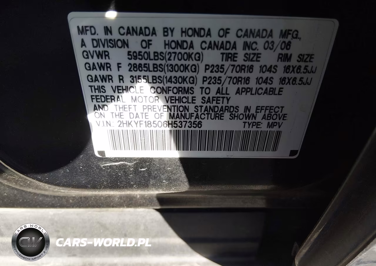 2006 Honda Pilot Ex-L VIN:2HKYF18506H537356 - 9