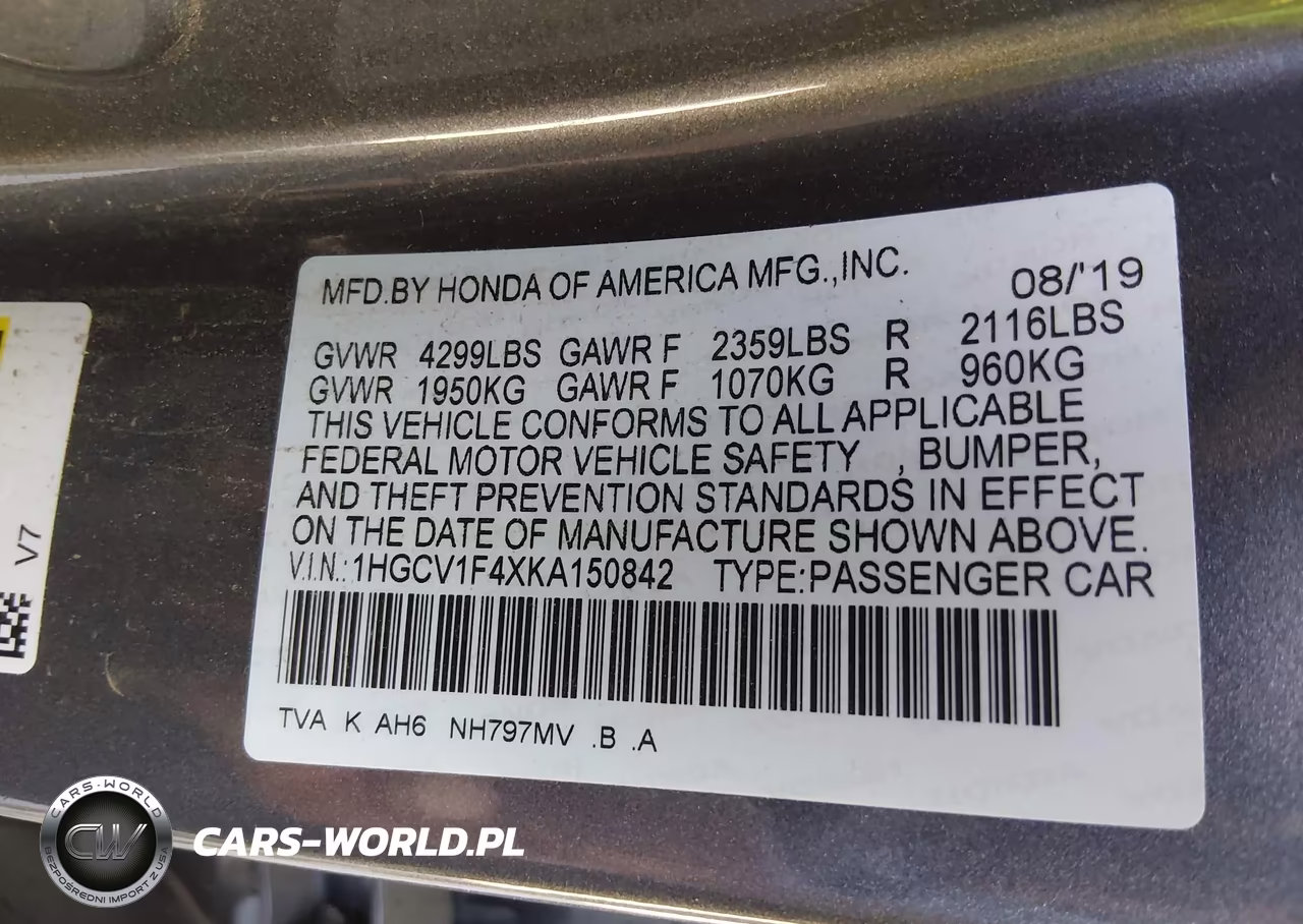 2019 Honda Accord Ex VIN:1HGCV1F4XKA150842 - 9