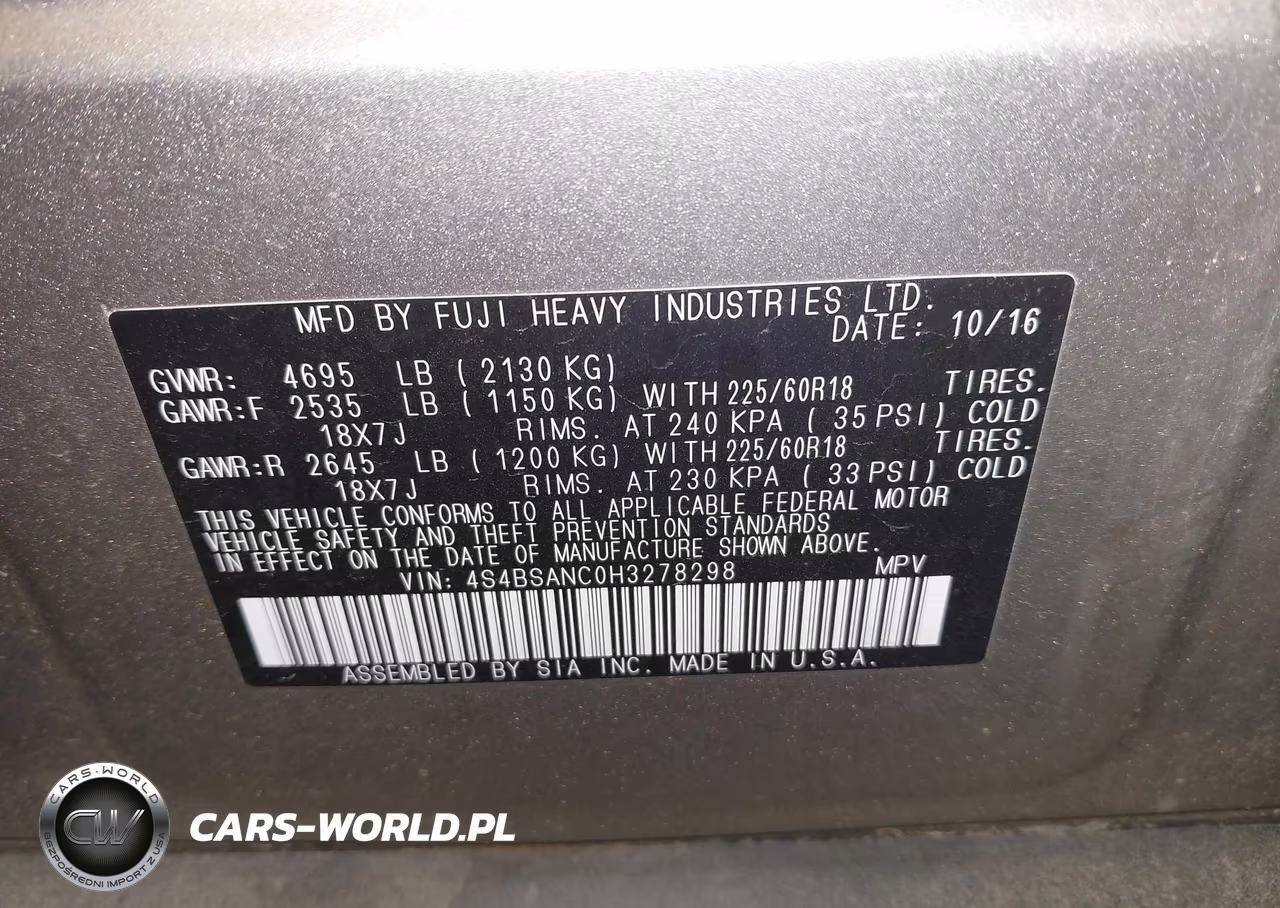 2017 Subaru Outback 2.5I Limited VIN:4S4BSANC0H3278298 - 9