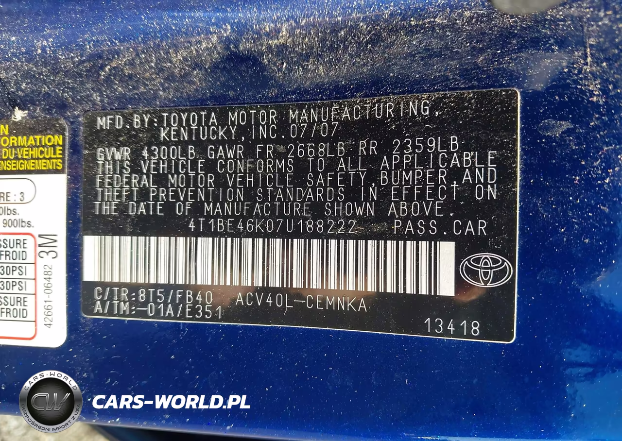 2007 Toyota Camry Ce VIN:4T1BE46K07U188222 - 9