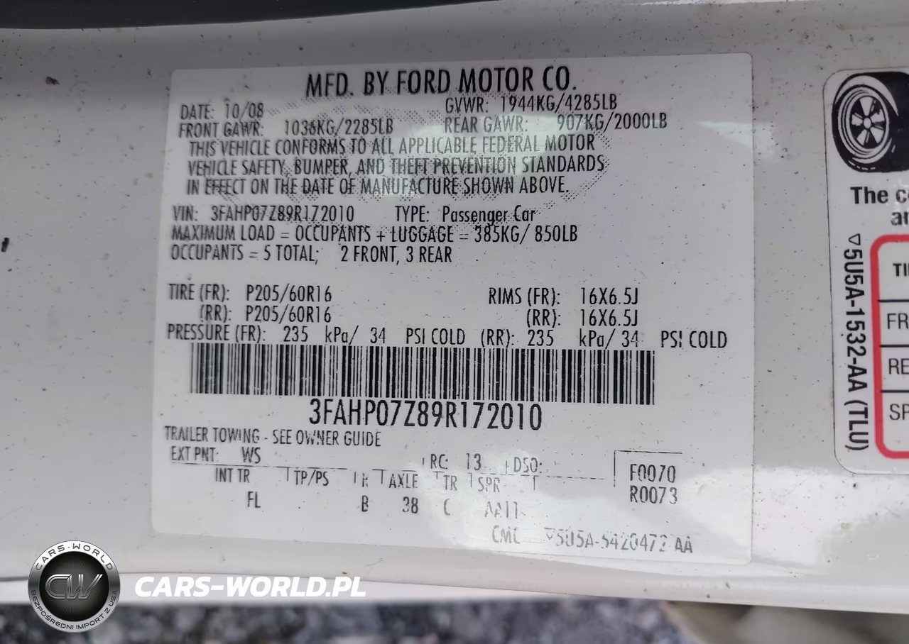 2009 Ford Fusion Se VIN:3FAHP07Z89R172010 - 9