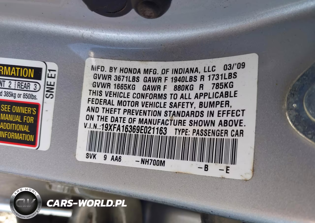 2009 Honda Civic Vp VIN:19XFA16369E021163 - 9