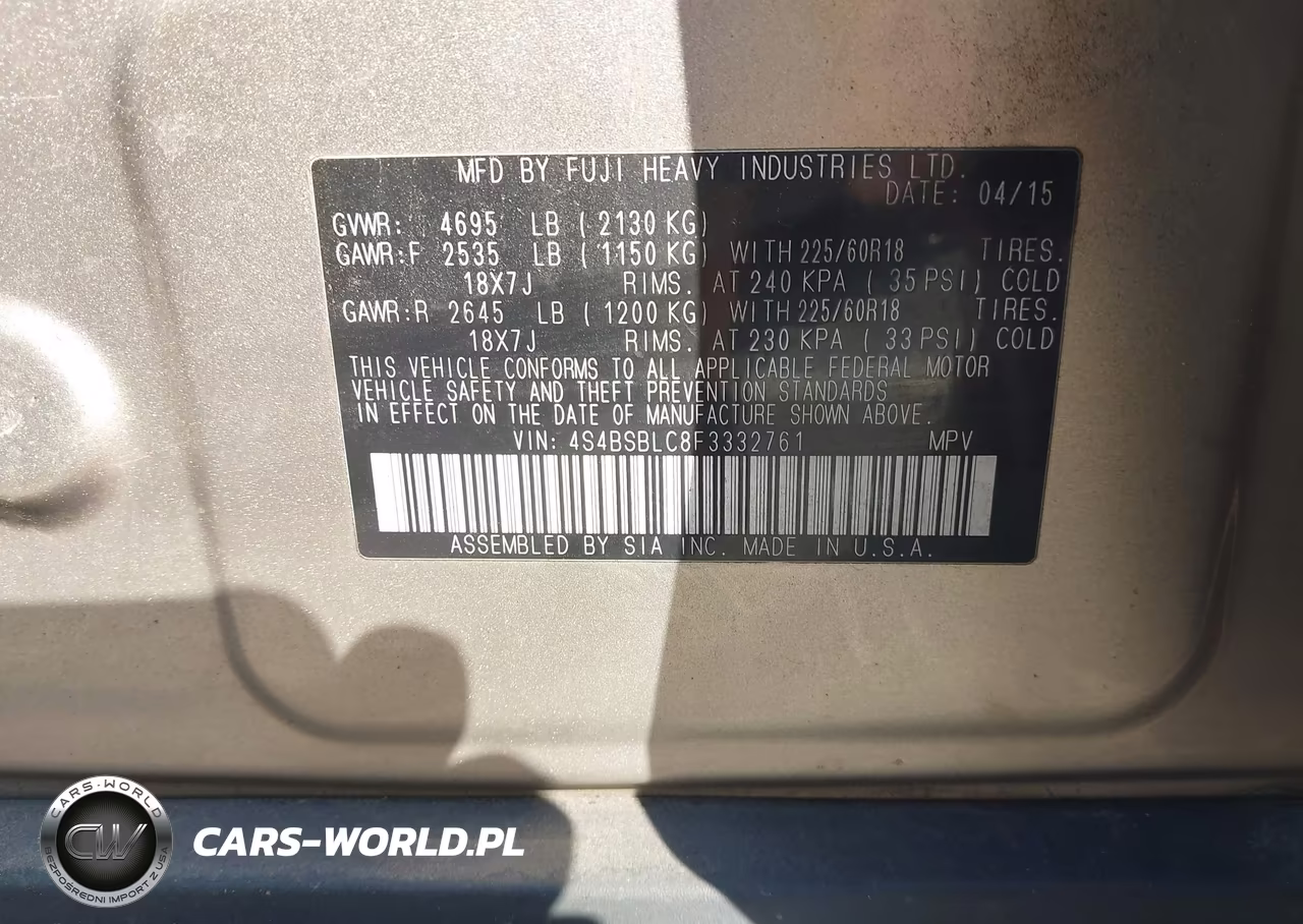 2015 Subaru Outback 2.5I Limited VIN:4S4BSBLC8F3332761 - 9