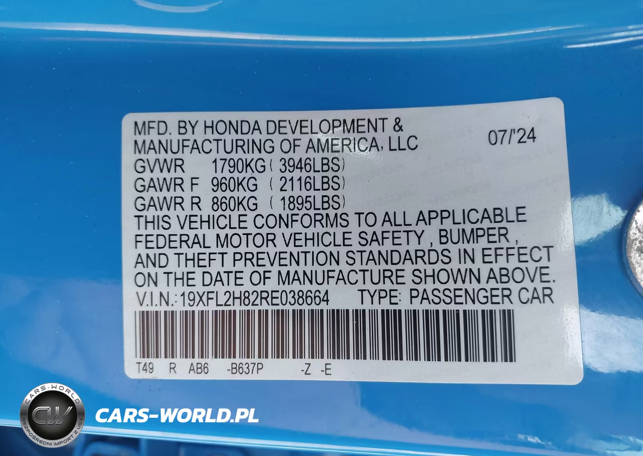 2024 Honda Civic Sport VIN:19XFL2H82RE038664 - 9