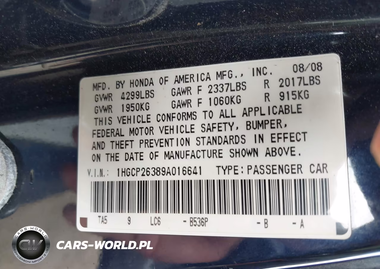 2009 Honda Accord 2.4 Lx VIN:1HGCP26389A016641 - 9