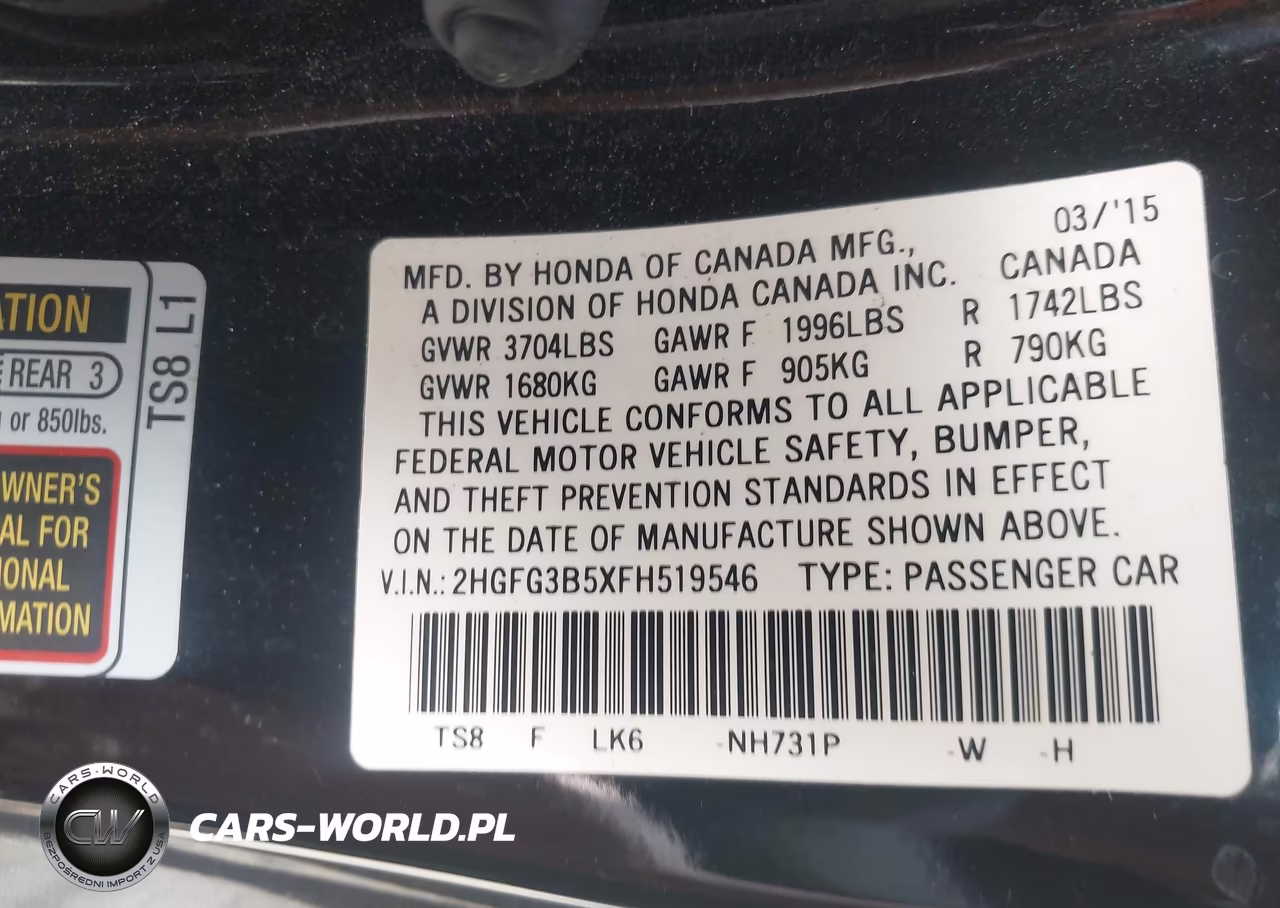 2015 Honda Civic Lx VIN:2HGFG3B5XFH519546 - 9