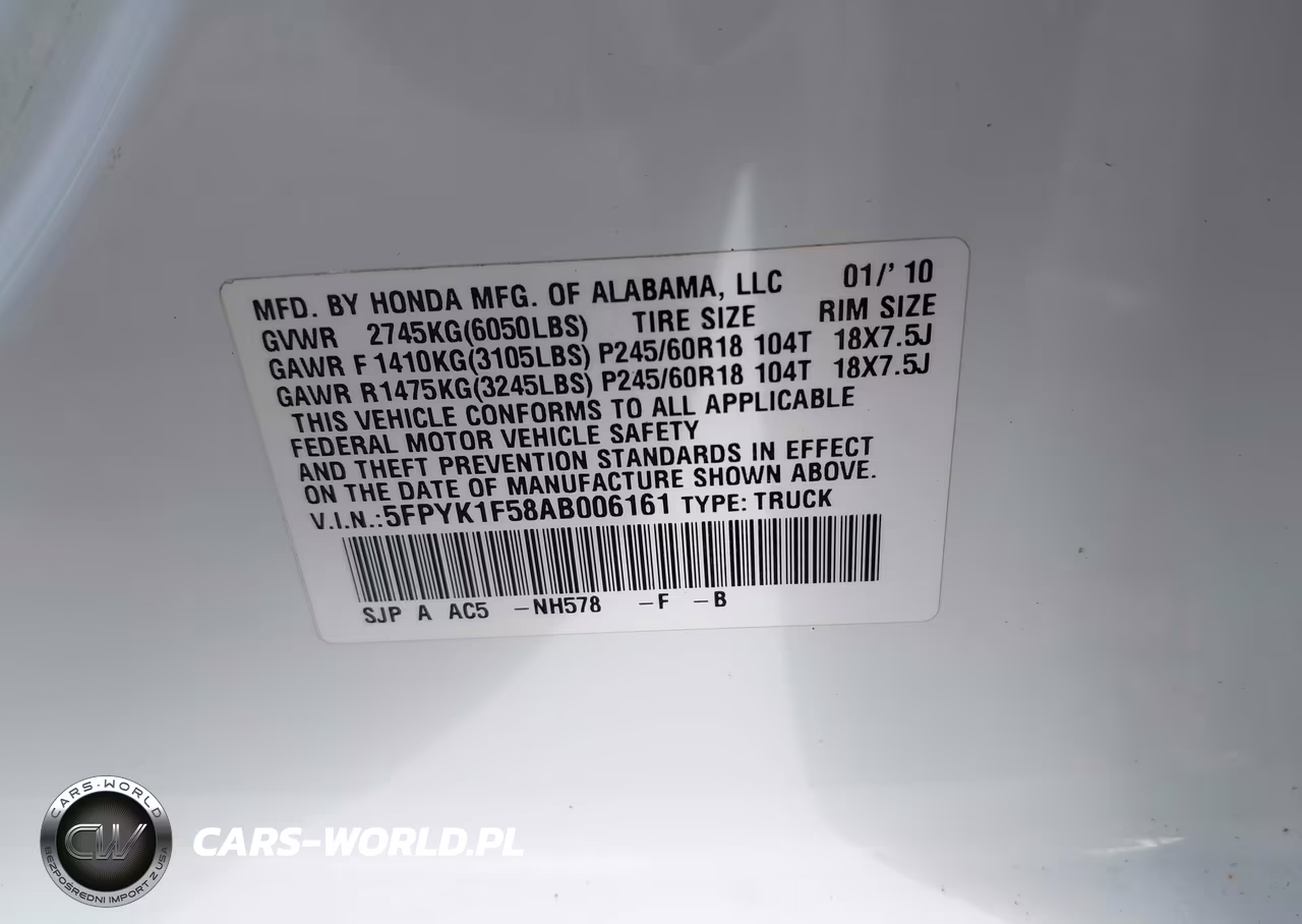 2010 Honda Ridgeline Rtl VIN:5FPYK1F58AB006161 - 9