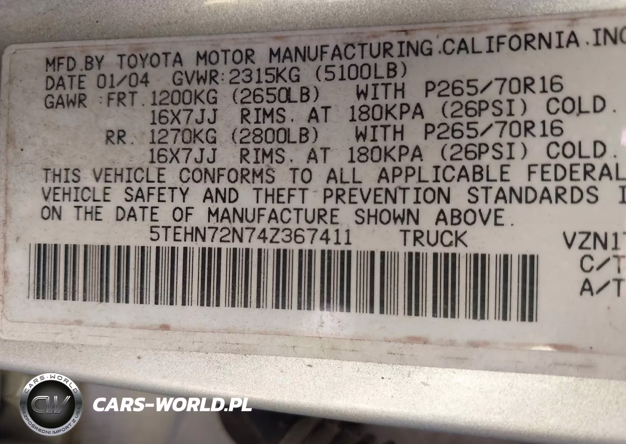 2004 Toyota Tacoma Base V6 VIN:5TEHN72N74Z367411 - 9