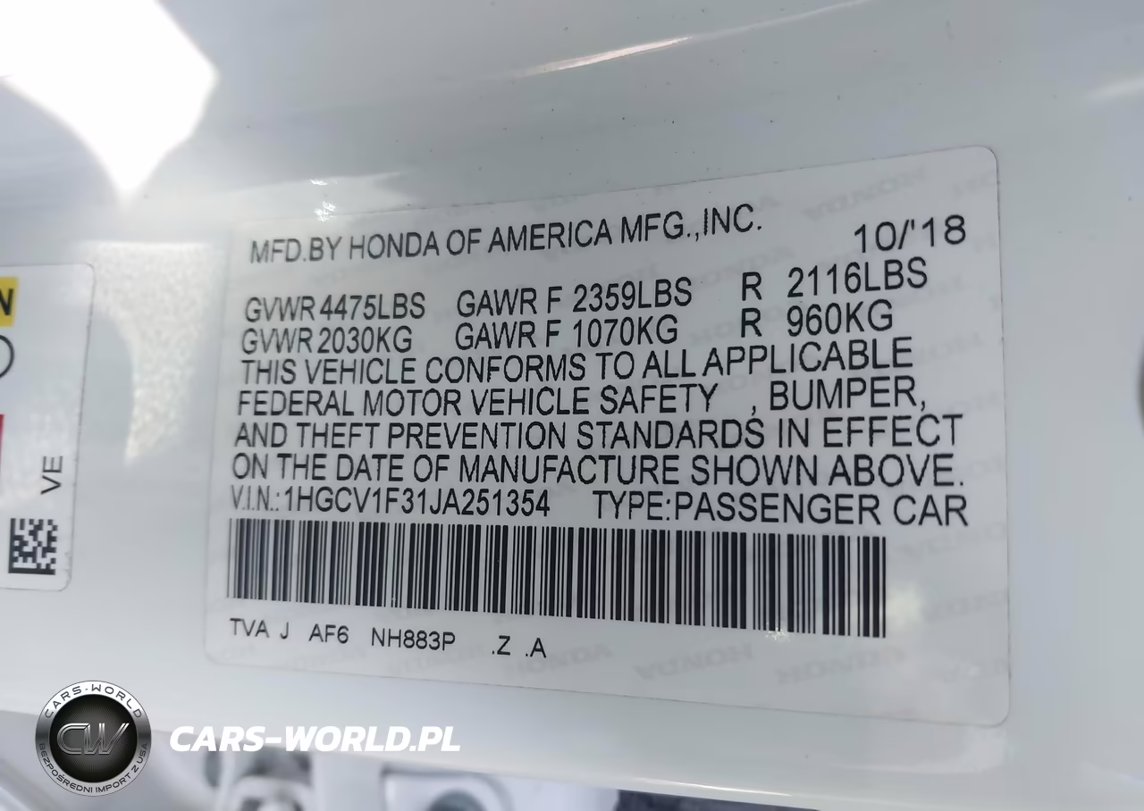 2018 Honda Accord Sport VIN:1HGCV1F31JA251354 - 9