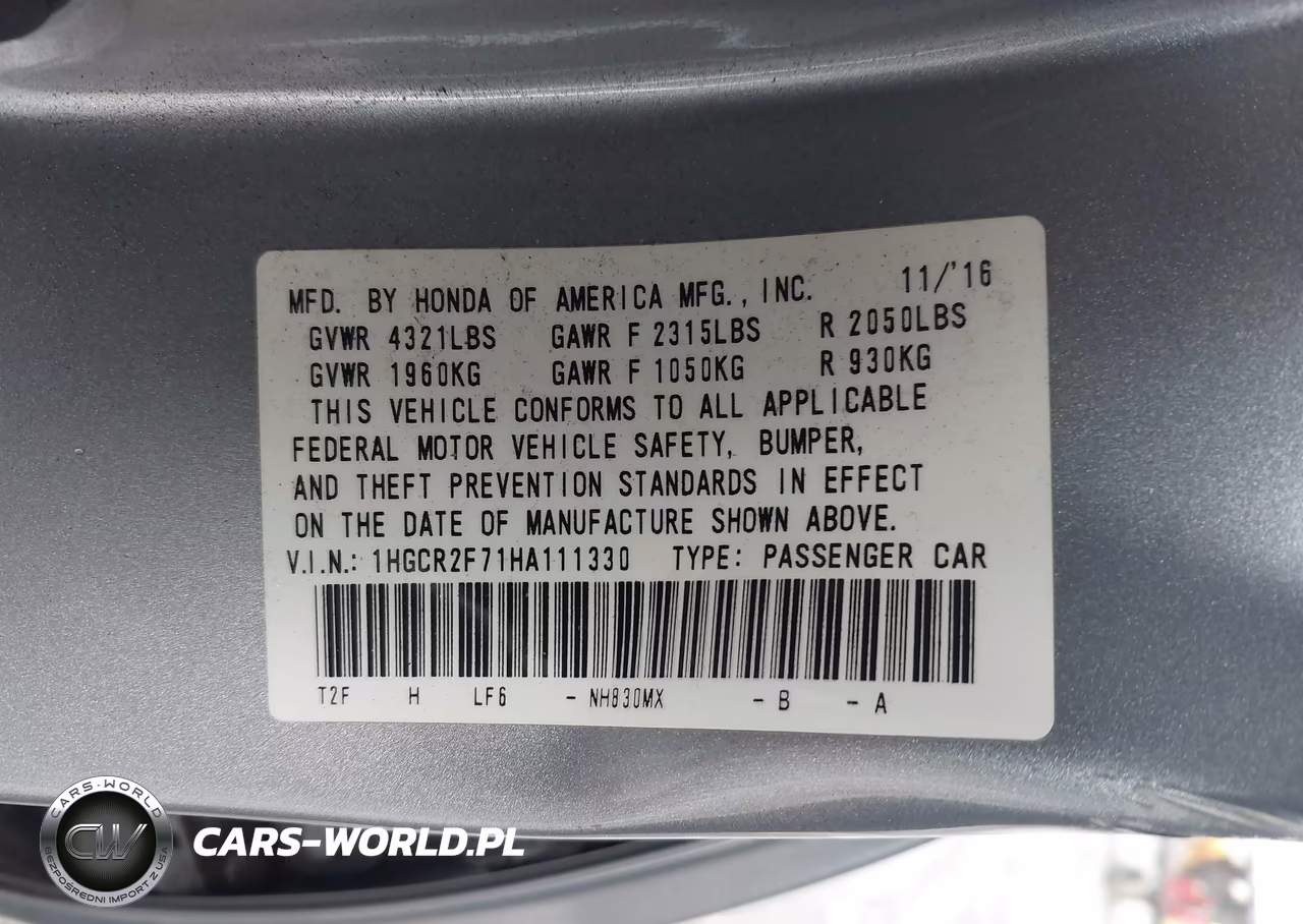 2017 Honda Accord Ex VIN:1HGCR2F71HA111330 - 9