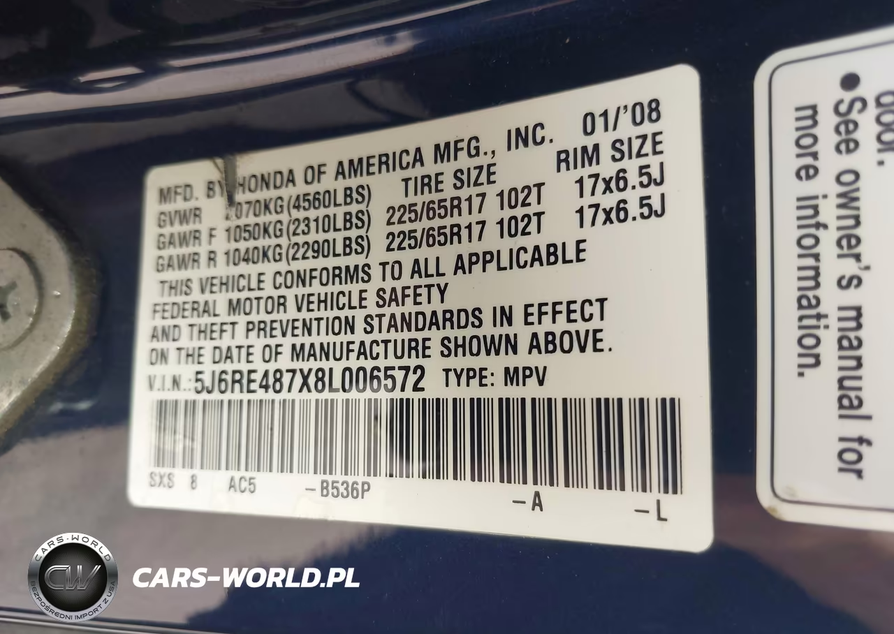 2008 Honda Cr-V Ex-L VIN:5J6RE487X8L006572 - 9