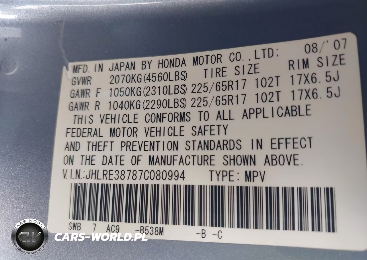 2007 Honda Cr-V Ex-L VIN:JHLRE38787C080994 - 9