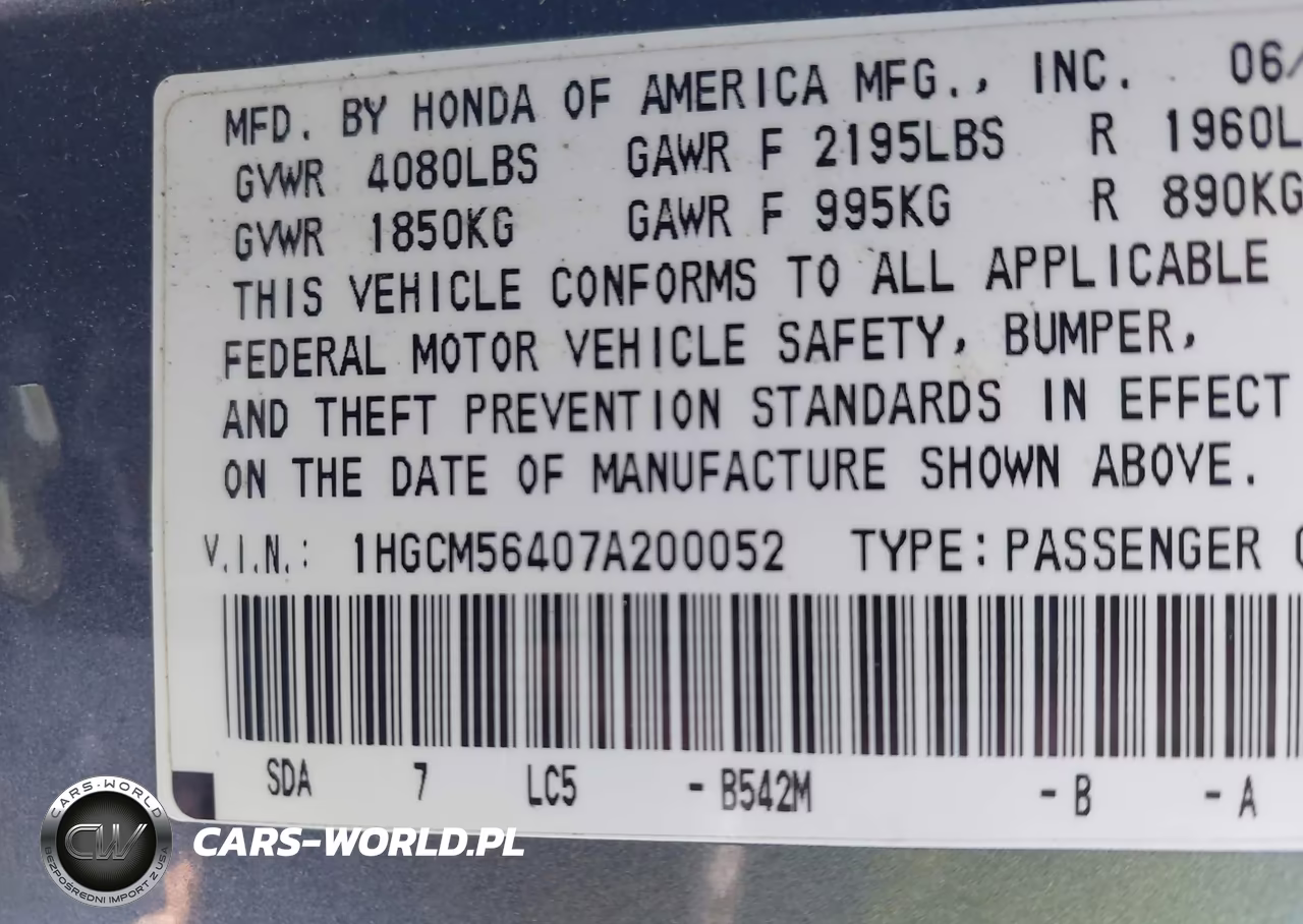 2007 Honda Accord 2.4 Lx VIN:1HGCM56407A200052 - 9