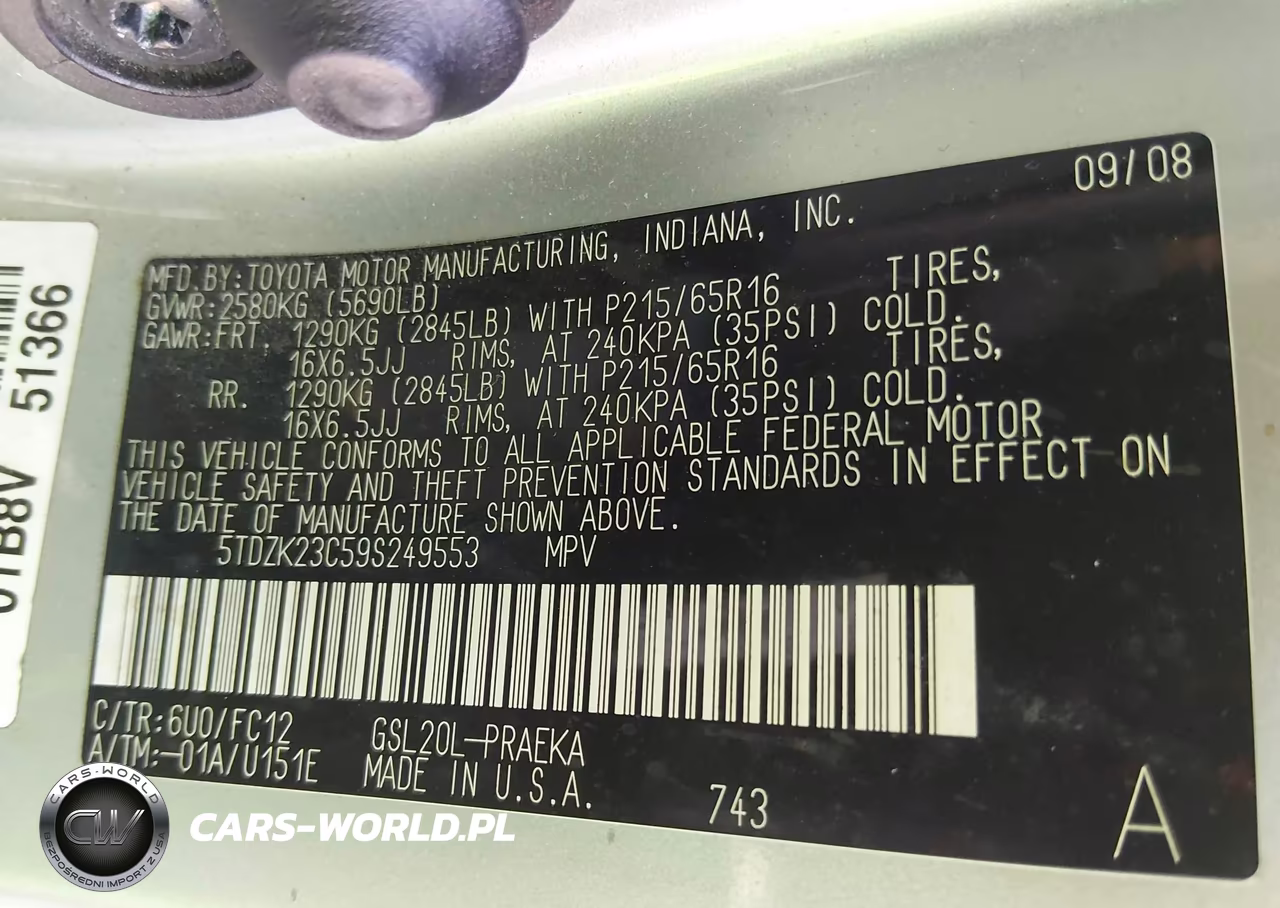 2009 Toyota Sienna Le VIN:5TDZK23C59S249553 - 9