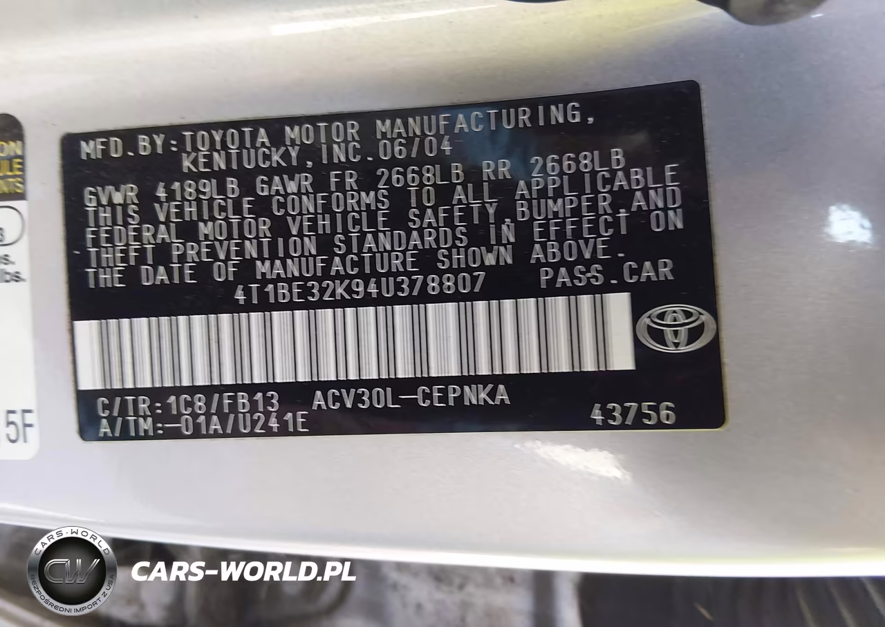 2004 Toyota Camry Le VIN:4T1BE32K94U378807 - 9
