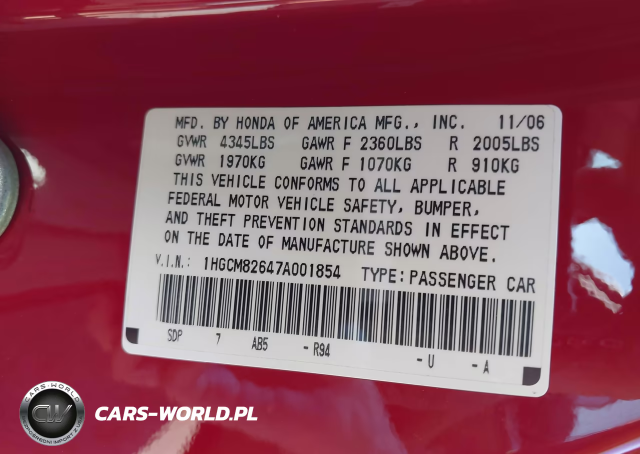 2007 Honda Accord 3.0 Ex VIN:1HGCM82647A001854 - 9