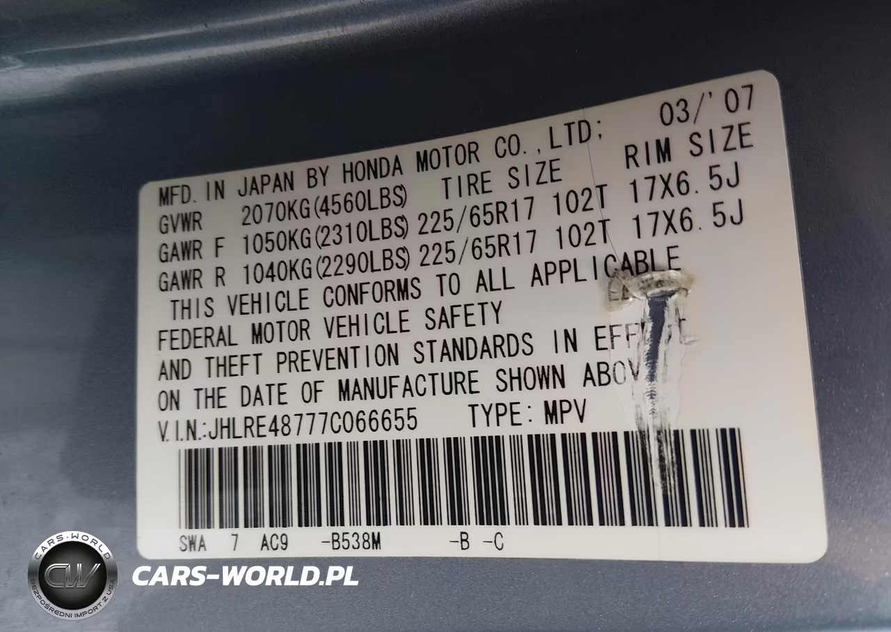 2007 Honda Cr-V Ex-L VIN:JHLRE48777C066655 - 9