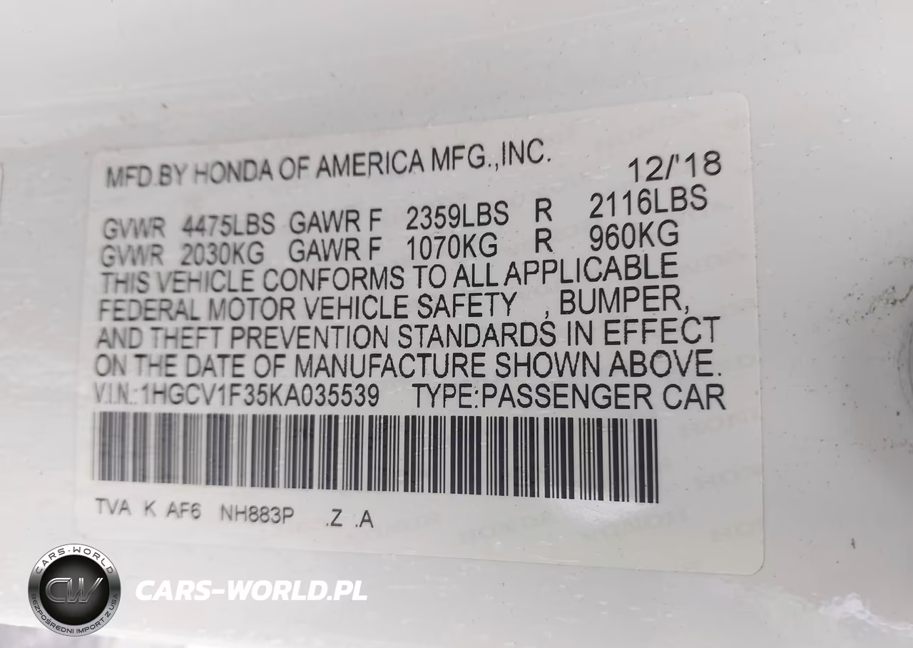 2019 HONDA ACCORD SPO SPORT VIN:1HGCV1F35KA035539 - 9