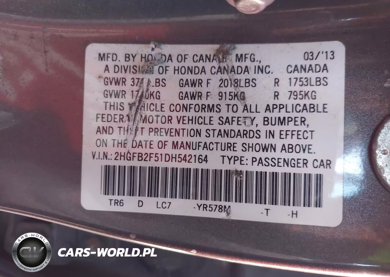 2013 Honda Civic Lx VIN:2HGFB2F51DH542164 - 9