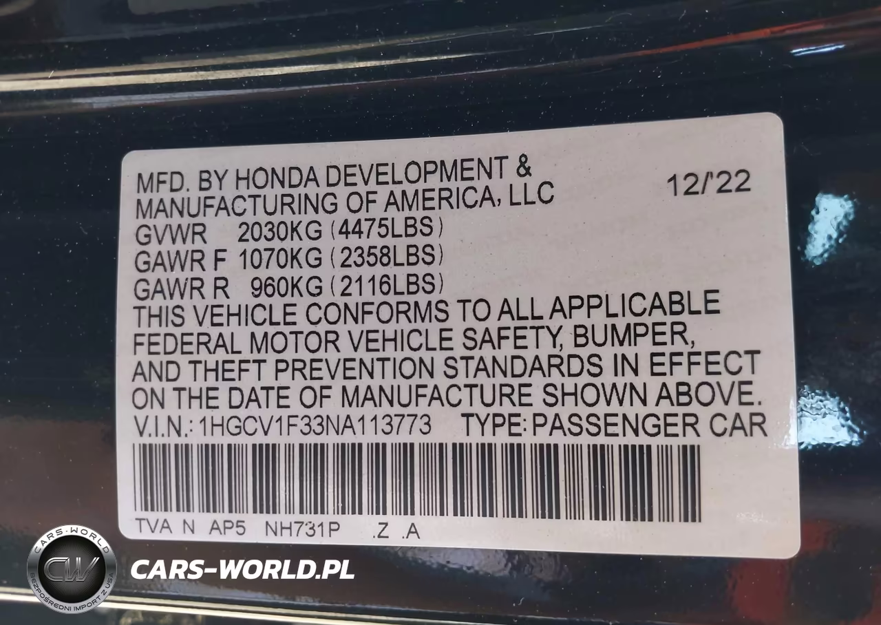 2022 Honda Accord Sport VIN:1HGCV1F33NA113773 - 9