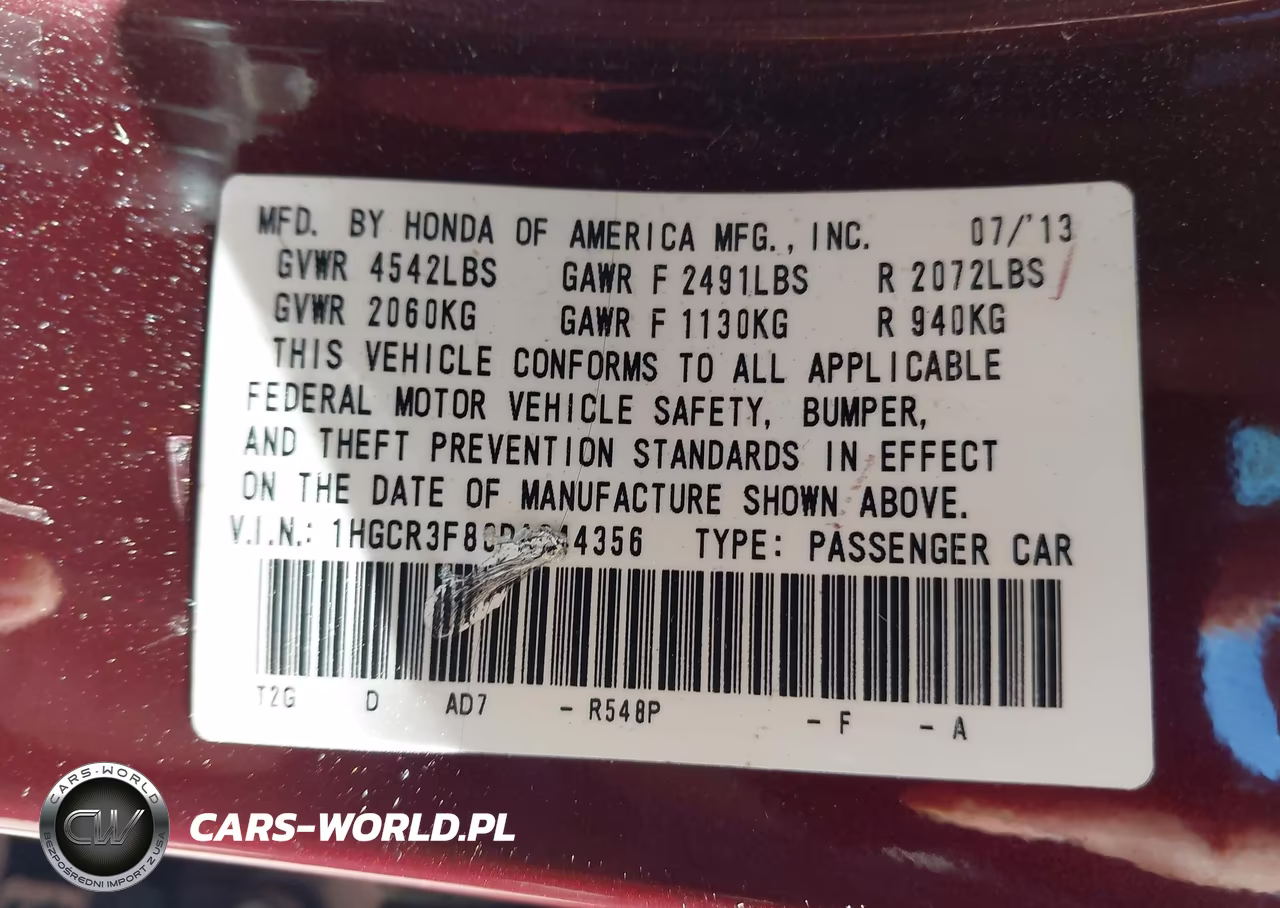 2013 Honda Accord Ex-L V-6 VIN:1HGCR3F80DA044356 - 9