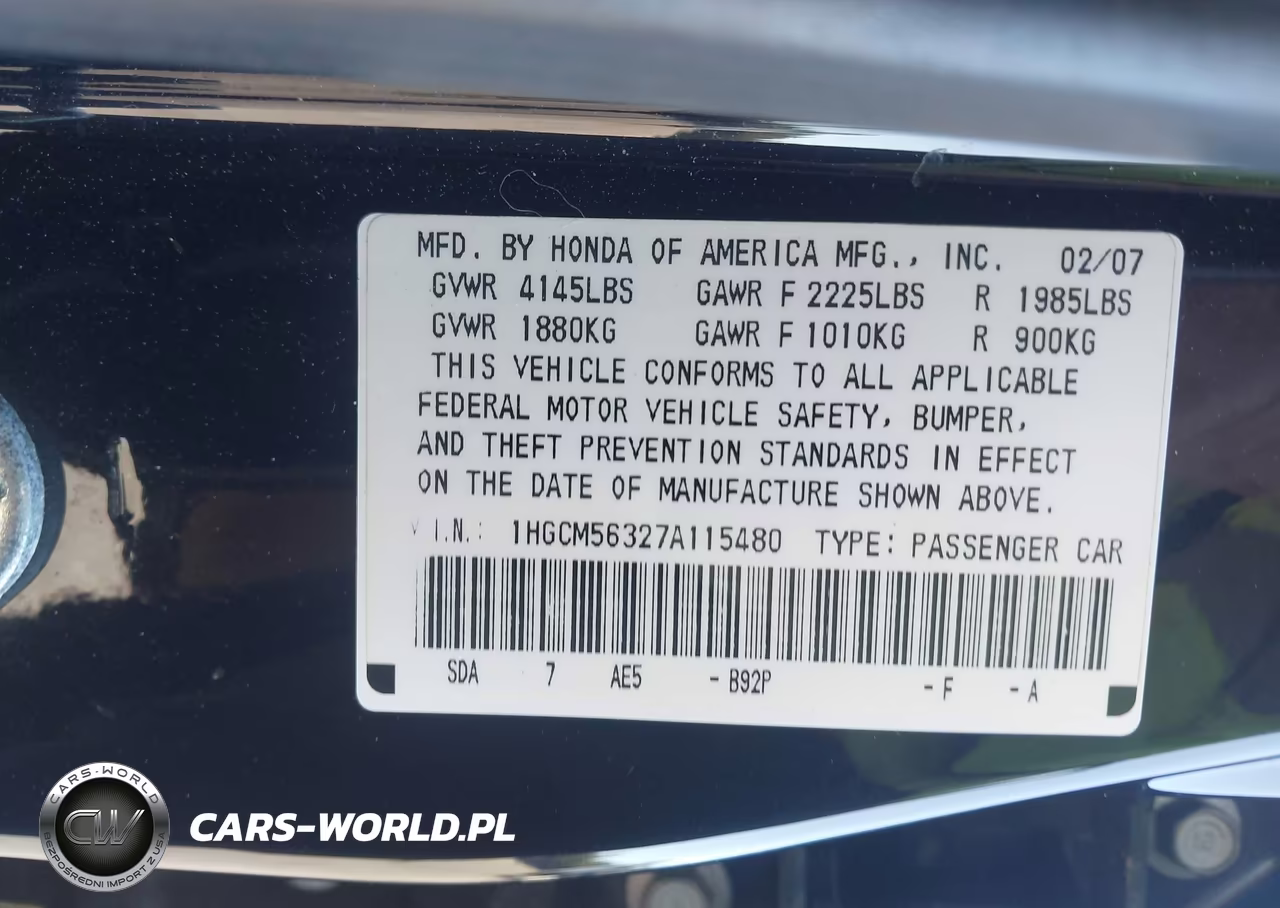 2007 Honda Accord 2.4 Se VIN:1HGCM56327A115480 - 9