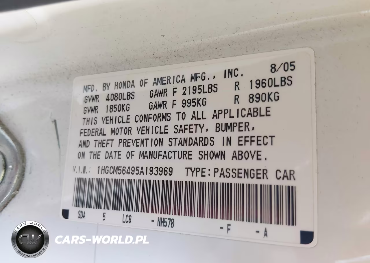 2005 Honda Accord 2.4 Lx VIN:1HGCM56495A193969 - 9