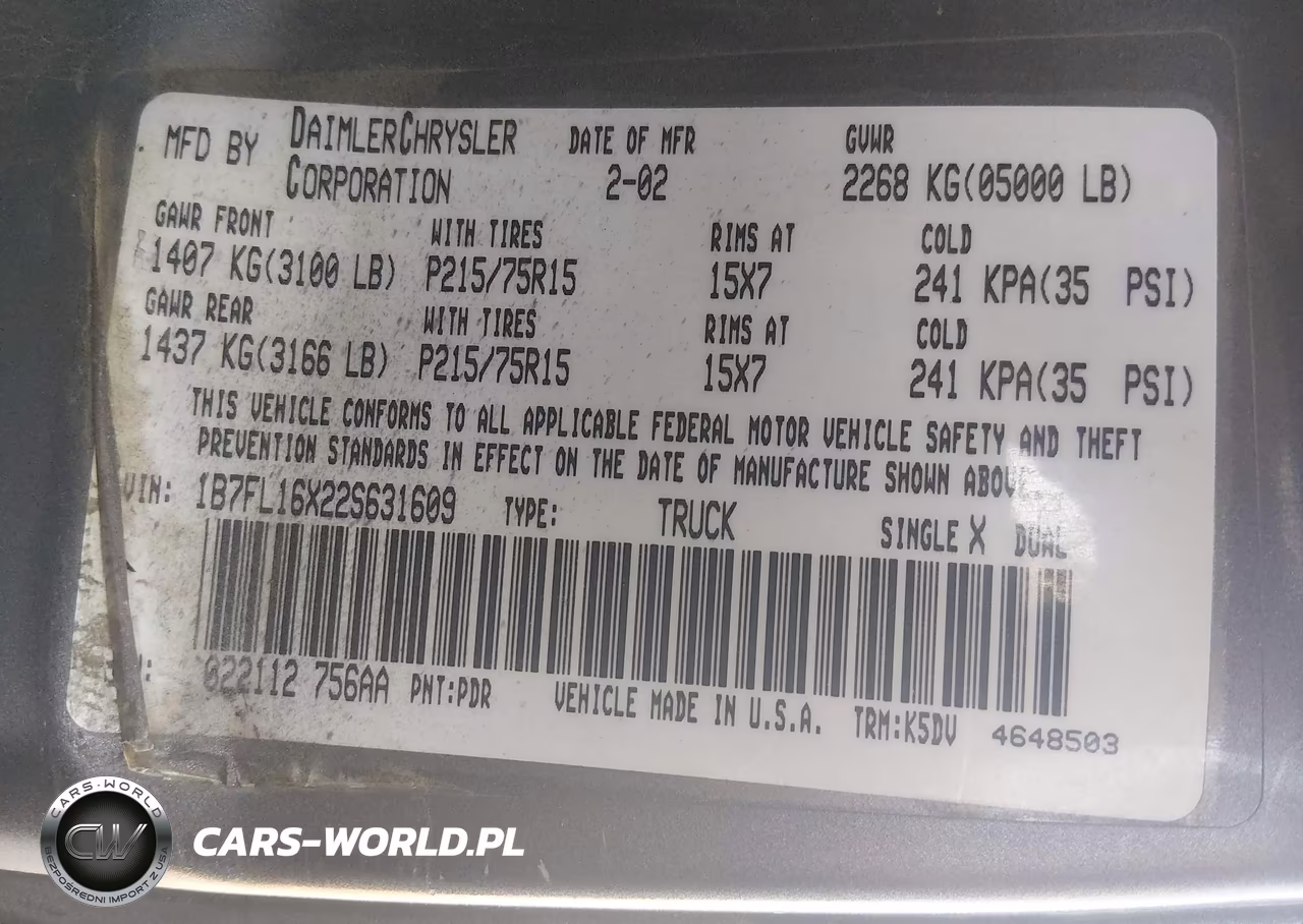2002 Dodge Dakota VIN:1B7FL16X22S631609 - 9