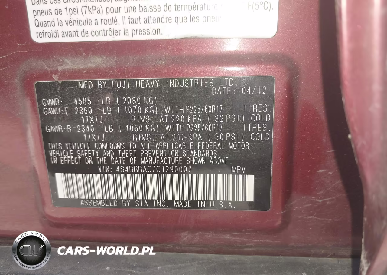 2012 Subaru Outback 2.5I VIN:4S4BRBAC7C1290007 - 9