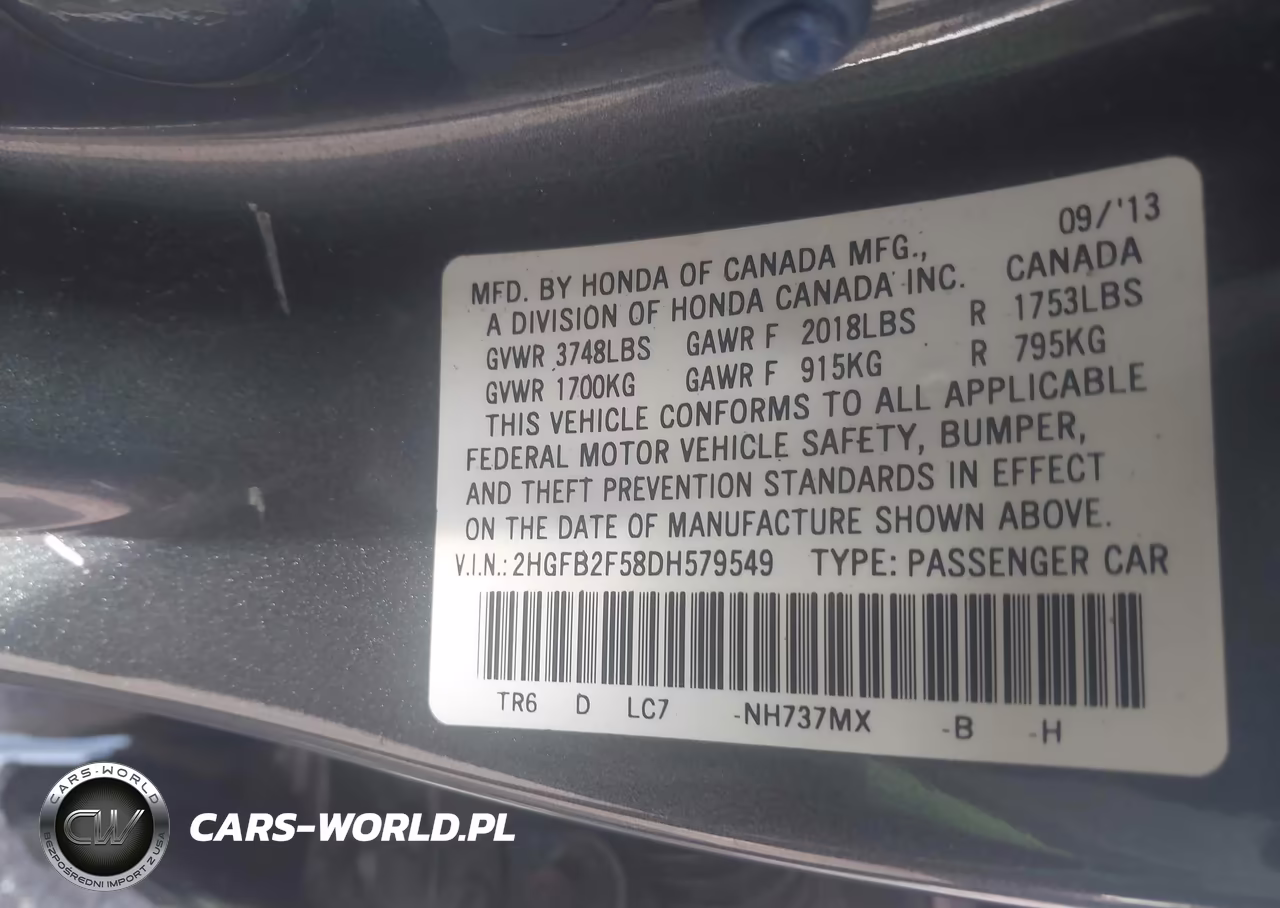 2013 Honda Civic Lx VIN:2HGFB2F58DH579549 - 9