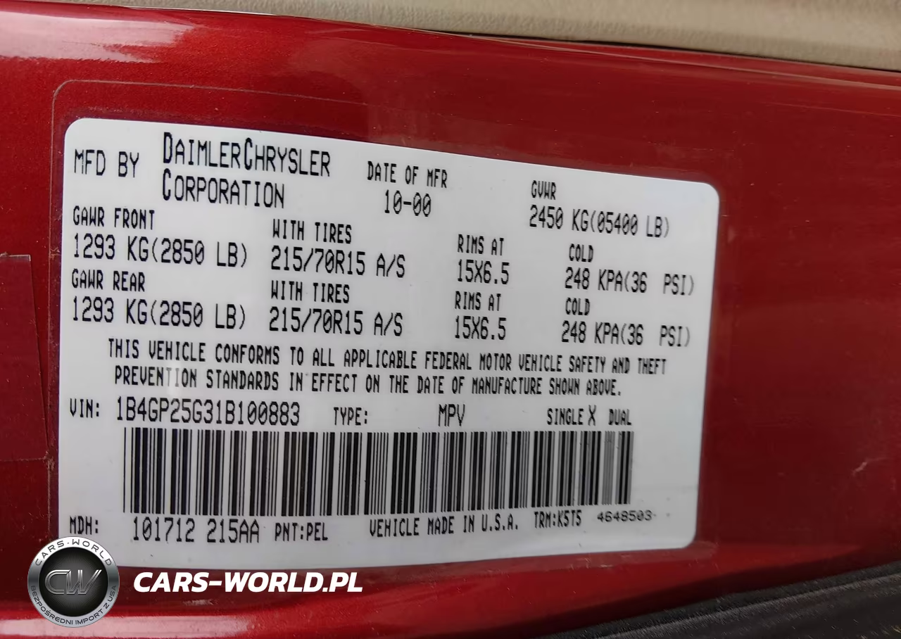 2001 Dodge Caravan Se VIN:1B4GP25G31B100883 - 9