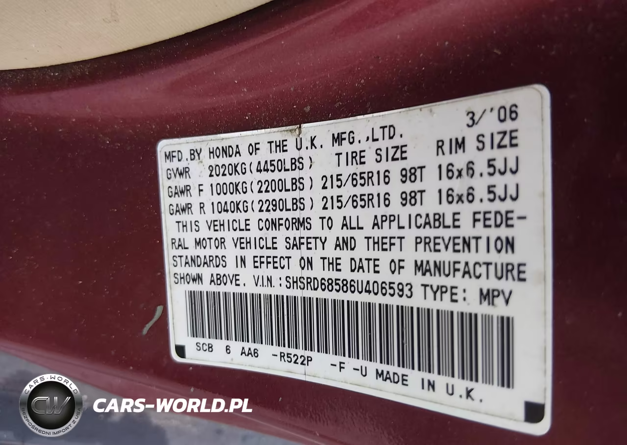 2006 Honda Cr-V Lx VIN:SHSRD68586U406593 - 9