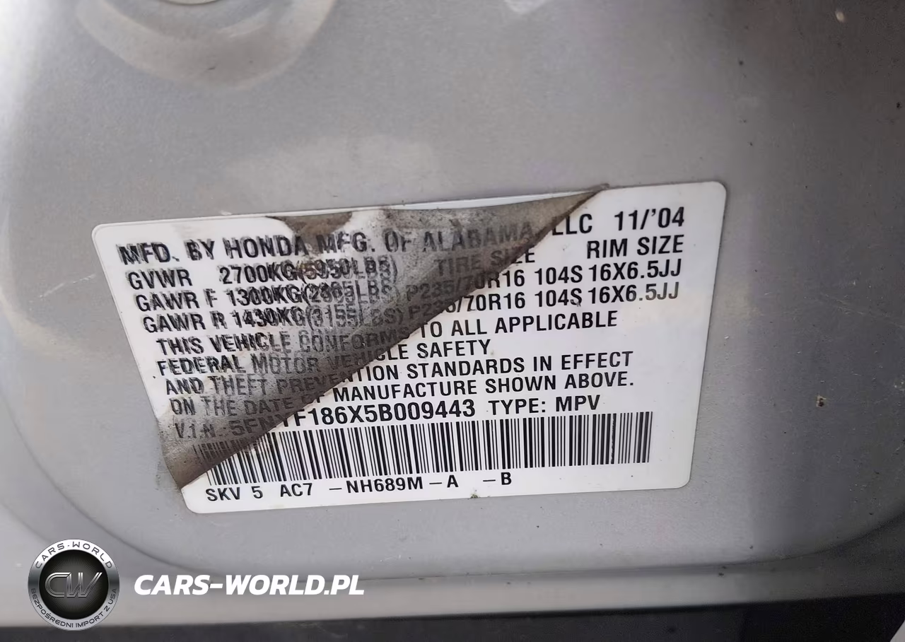 2005 Honda Pilot Exl VIN:5FNYF186X5B009443 - 9