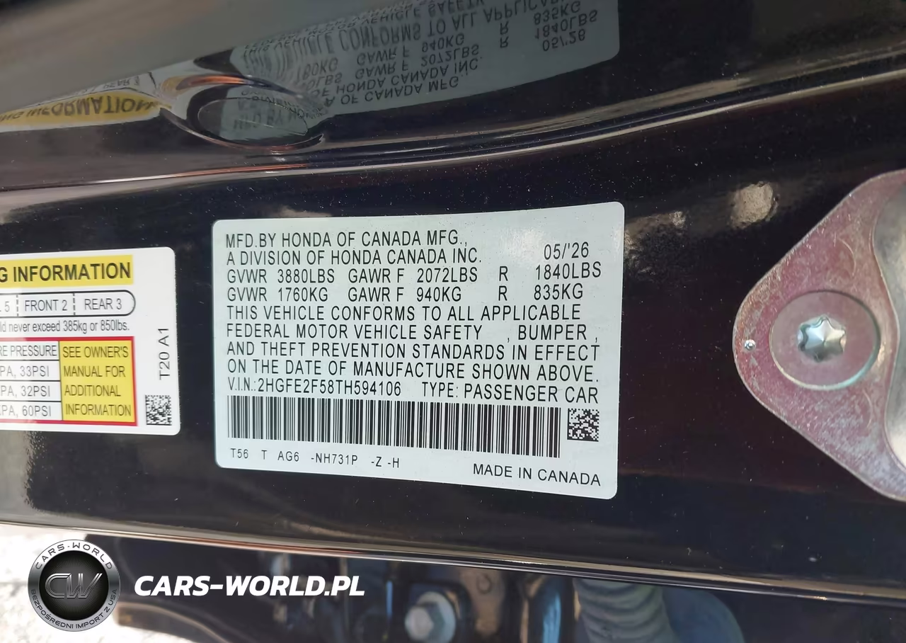 2026 Honda Civic Sport VIN:2HGFE2F58TH594106 - 9
