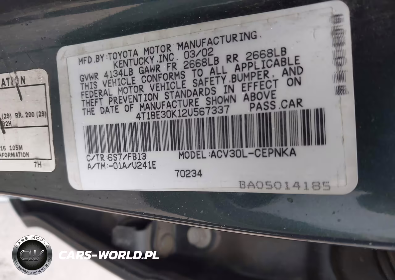 2002 Toyota Camry Le VIN:4T1BE30K12U567337 - 9