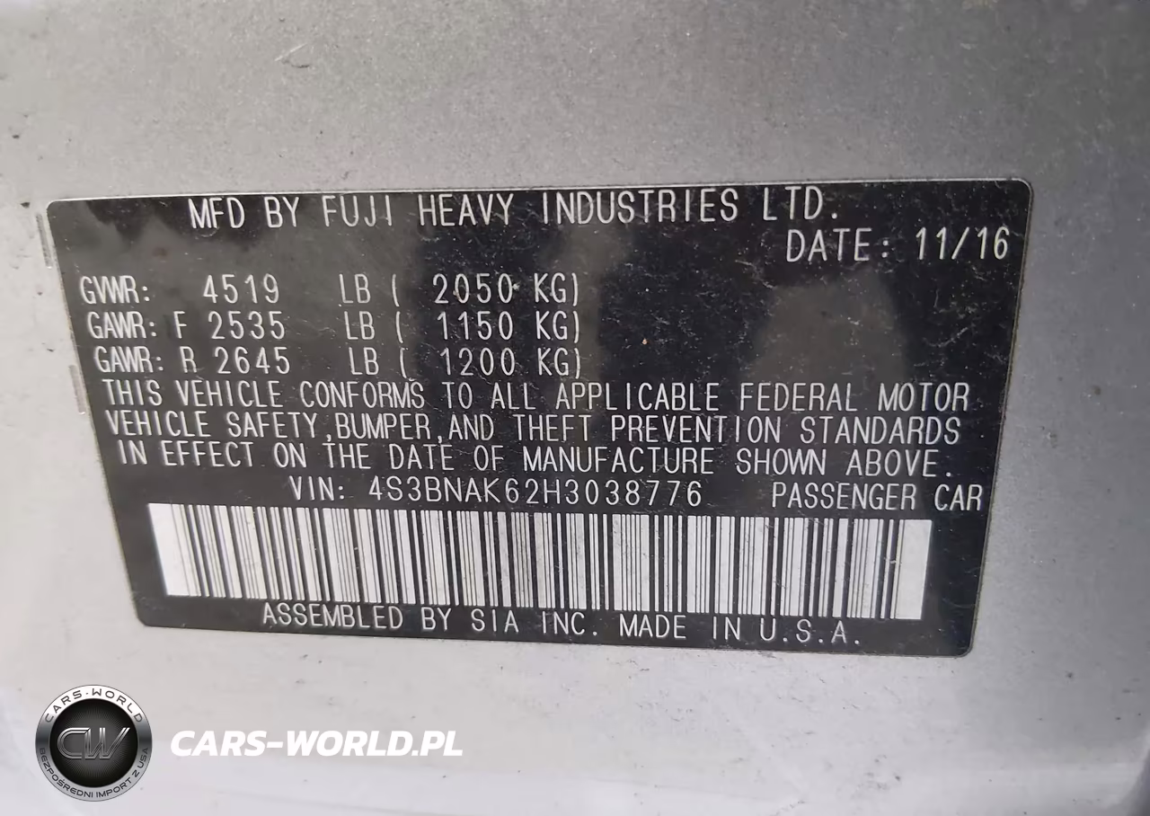 2017 Subaru Legacy 2.5I Limited VIN:4S3BNAK62H3038776 - 9