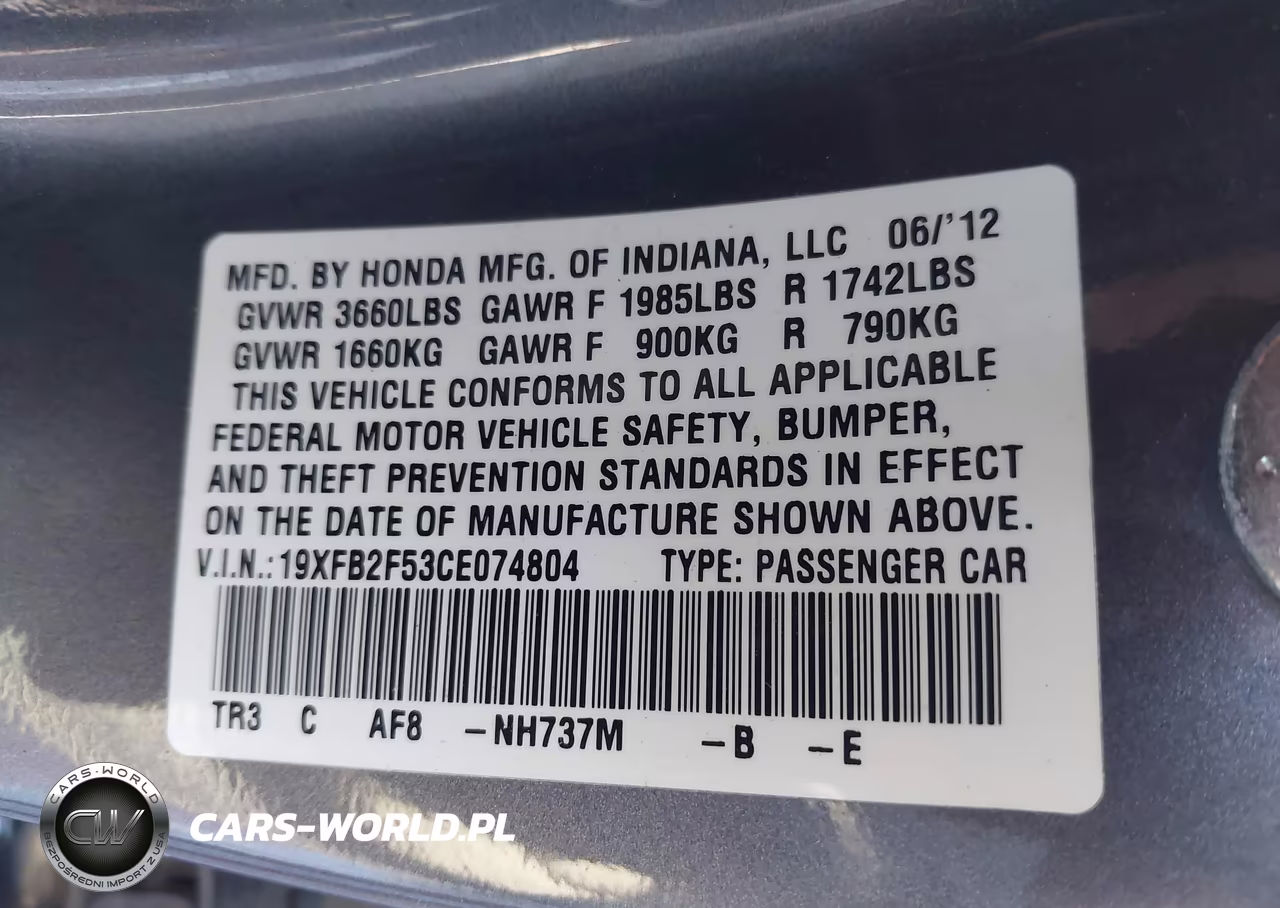 2012 Honda Civic Lx VIN:19XFB2F53CE074804 - 9