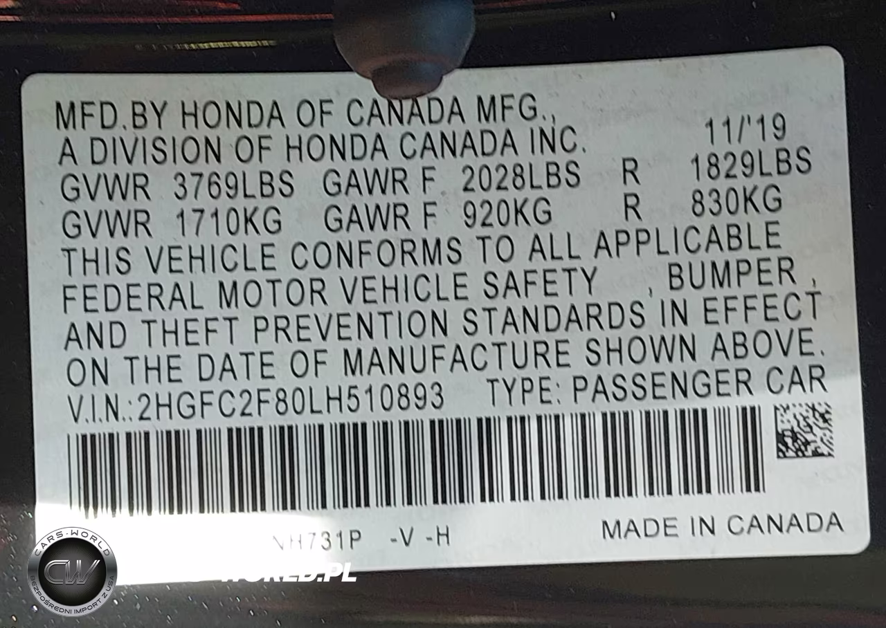 2020 Honda Civic Sport VIN:2HGFC2F80LH510893 - 9