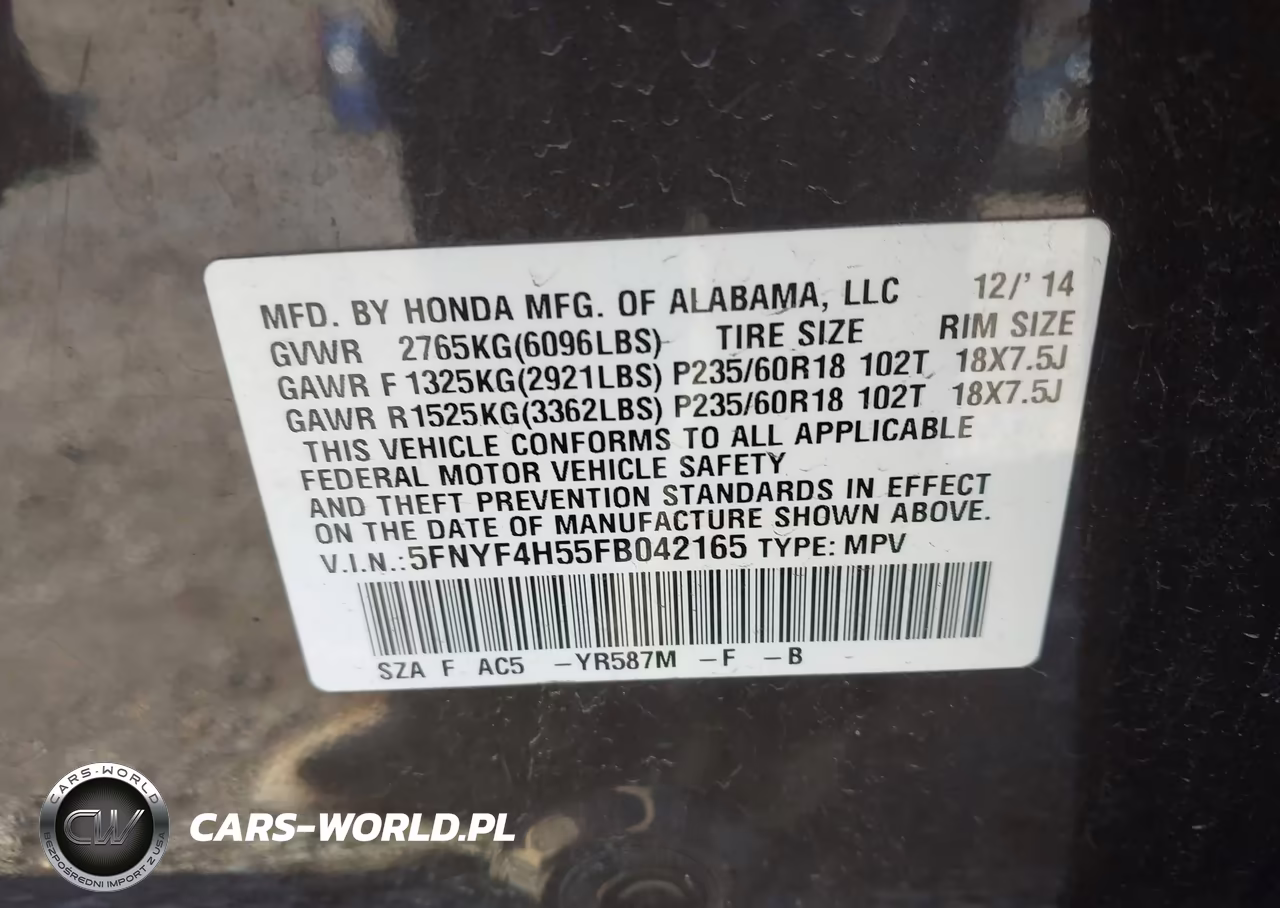 2015 Honda Pilot Ex-L VIN:5FNYF4H55FB042165 - 9