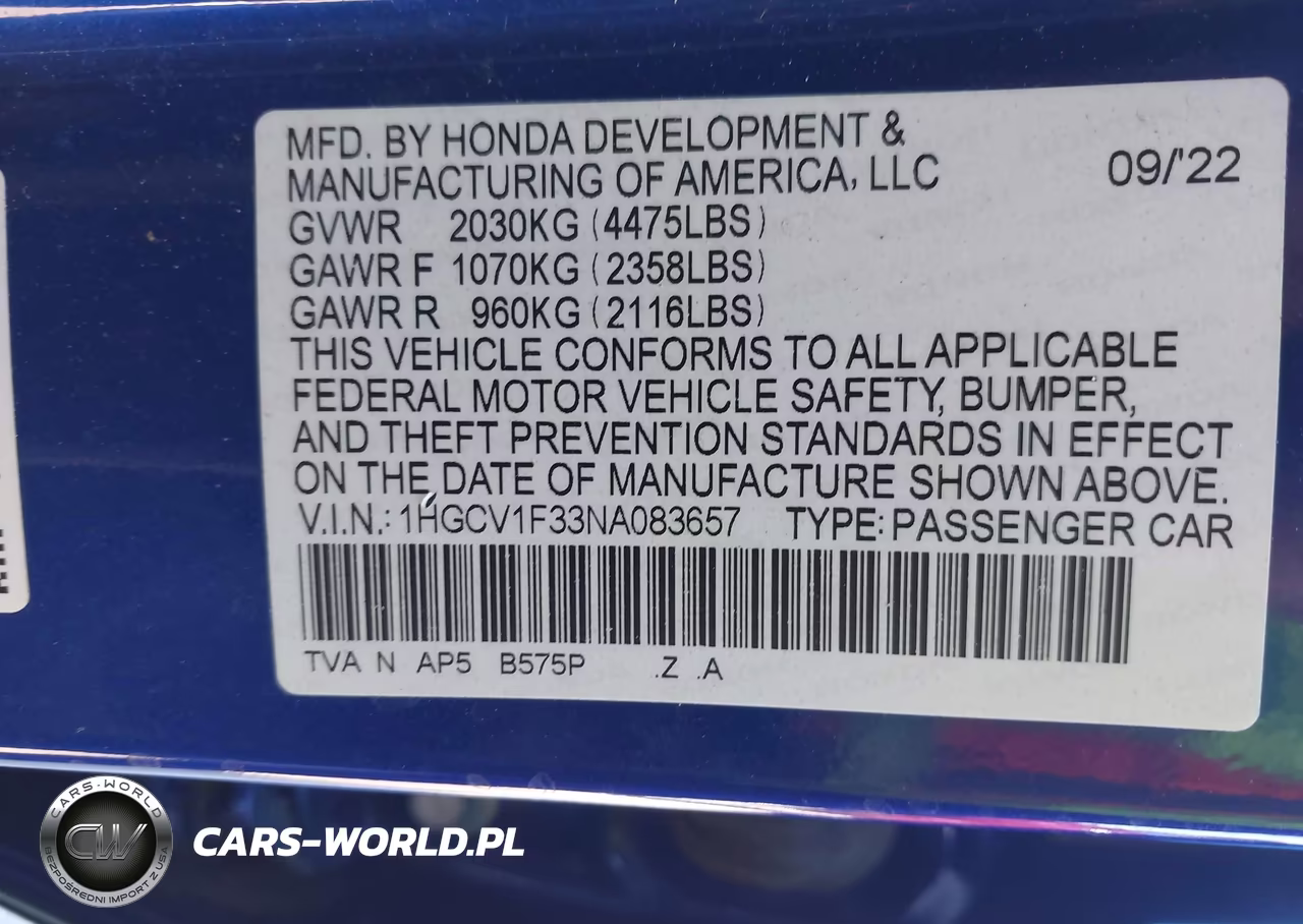 2022 Honda Accord Sport VIN:1HGCV1F33NA083657 - 9