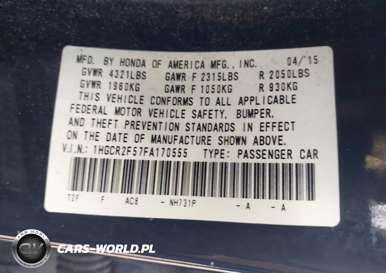 2015 Honda Accord Sport VIN:1HGCR2F57FA170555 - 9