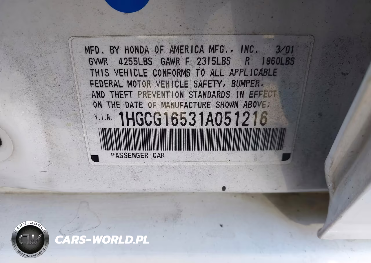2001 Honda Accord 3.0 Ex VIN:1HGCG16531A051216 - 9