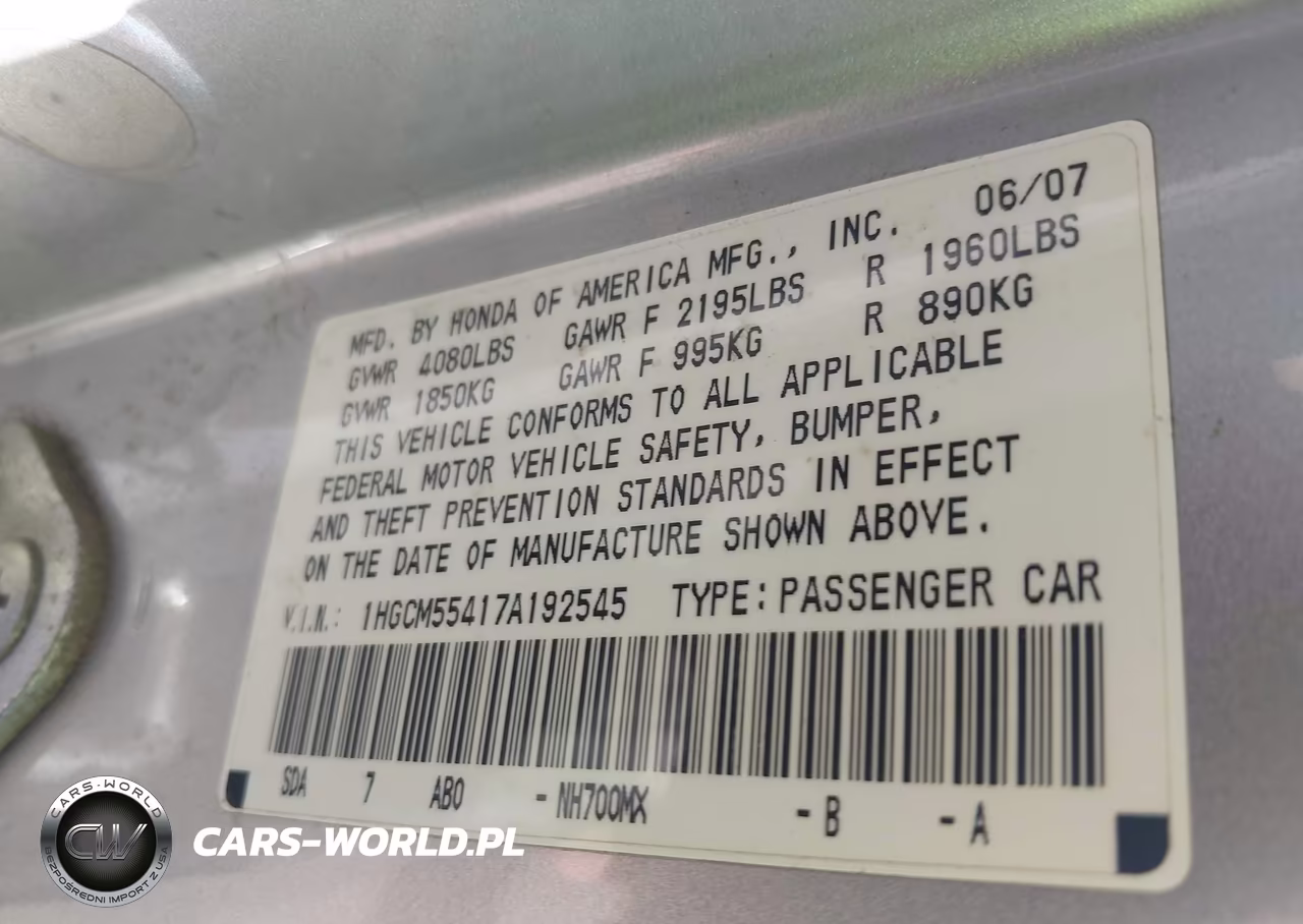 2007 Honda Accord 2.4 Lx VIN:1HGCM55417A192545 - 9