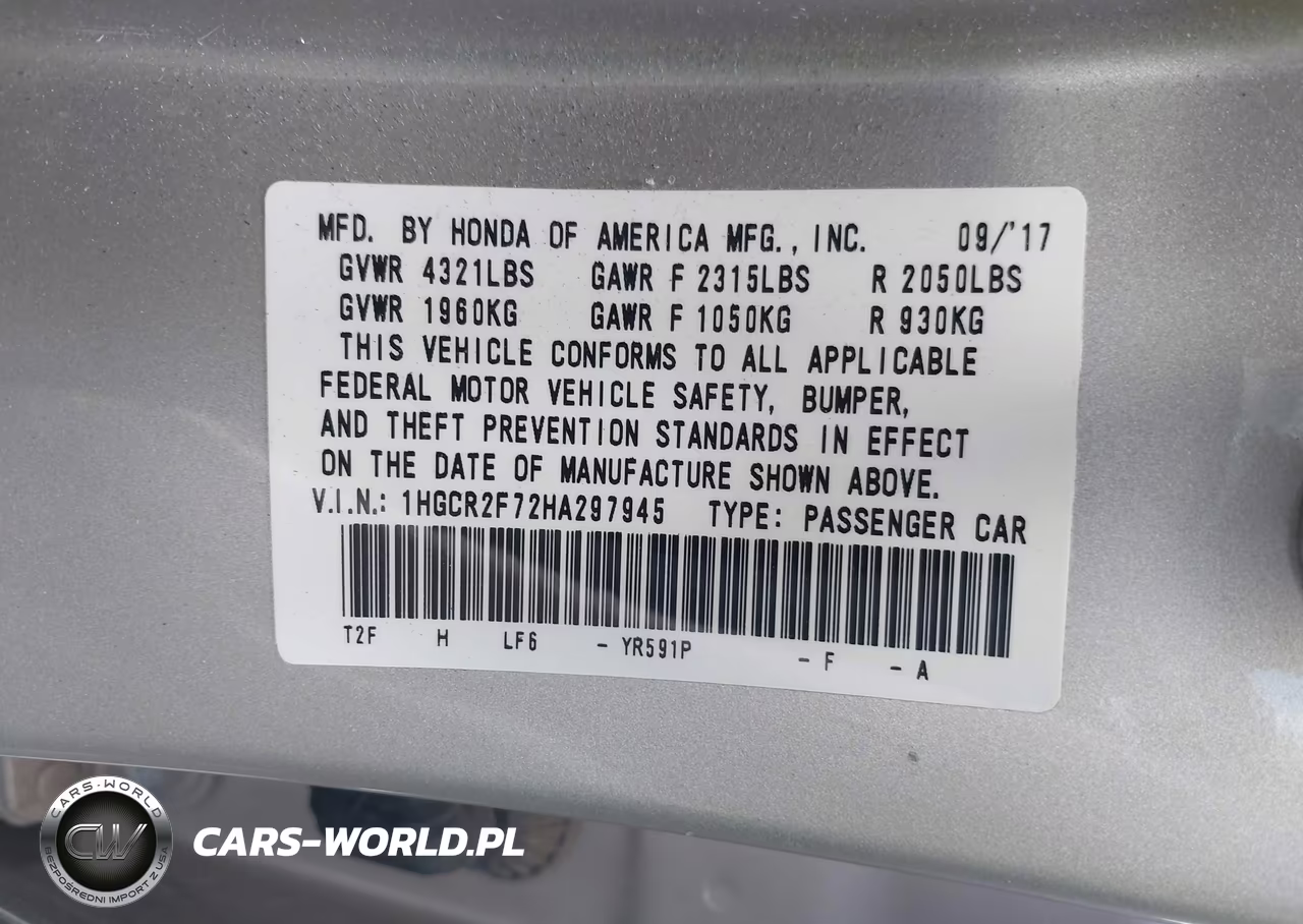 2017 Honda Accord Ex VIN:1HGCR2F72HA297945 - 9