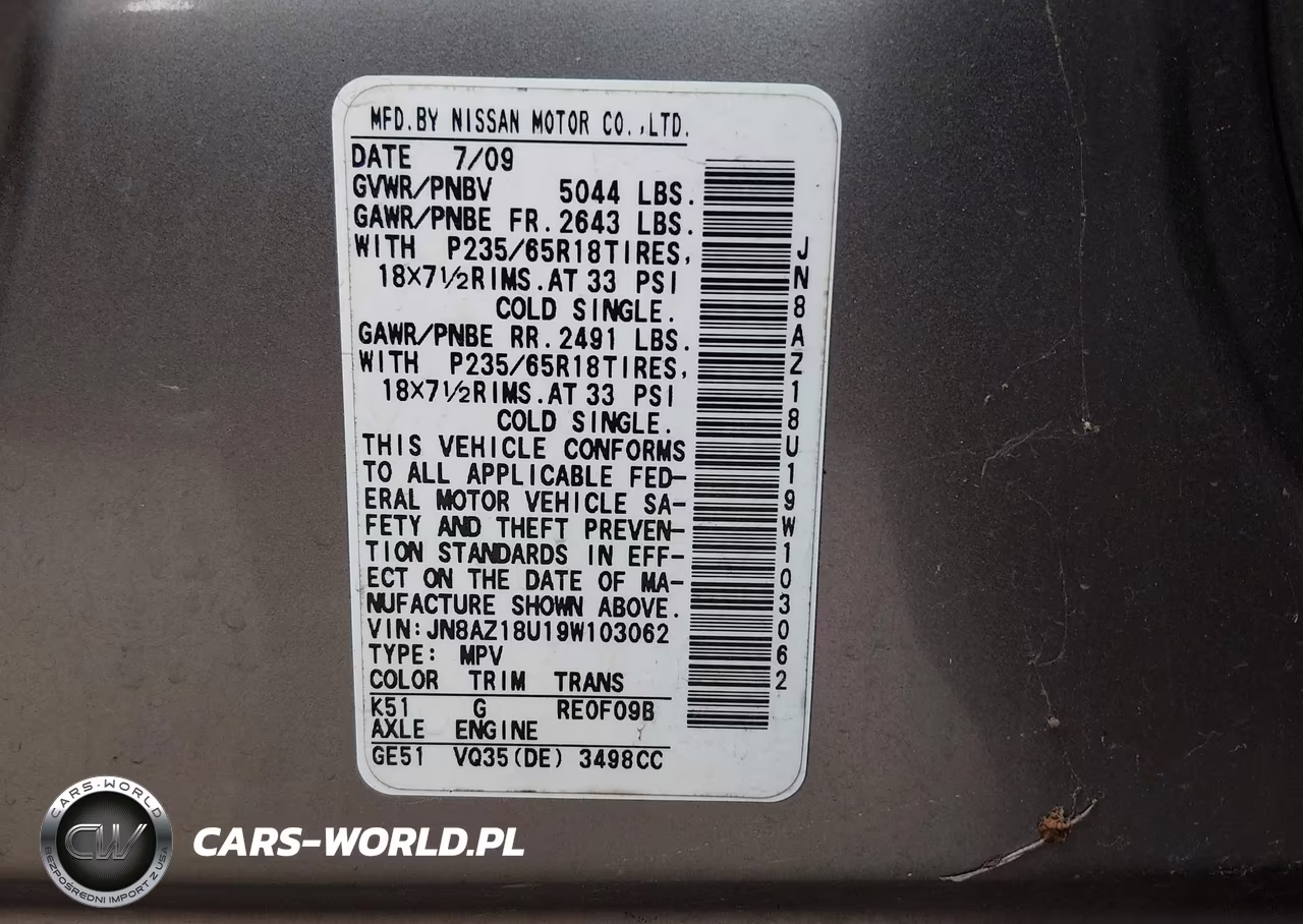 2009 Nissan Murano S VIN:JN8AZ18U19W103062 - 9