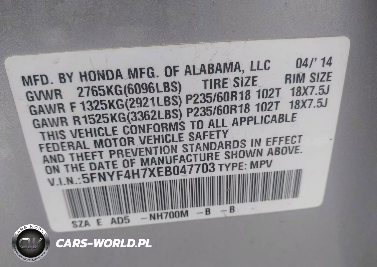 2014 Honda Pilot Ex-L VIN:5FNYF4H7XEB047703 - 9