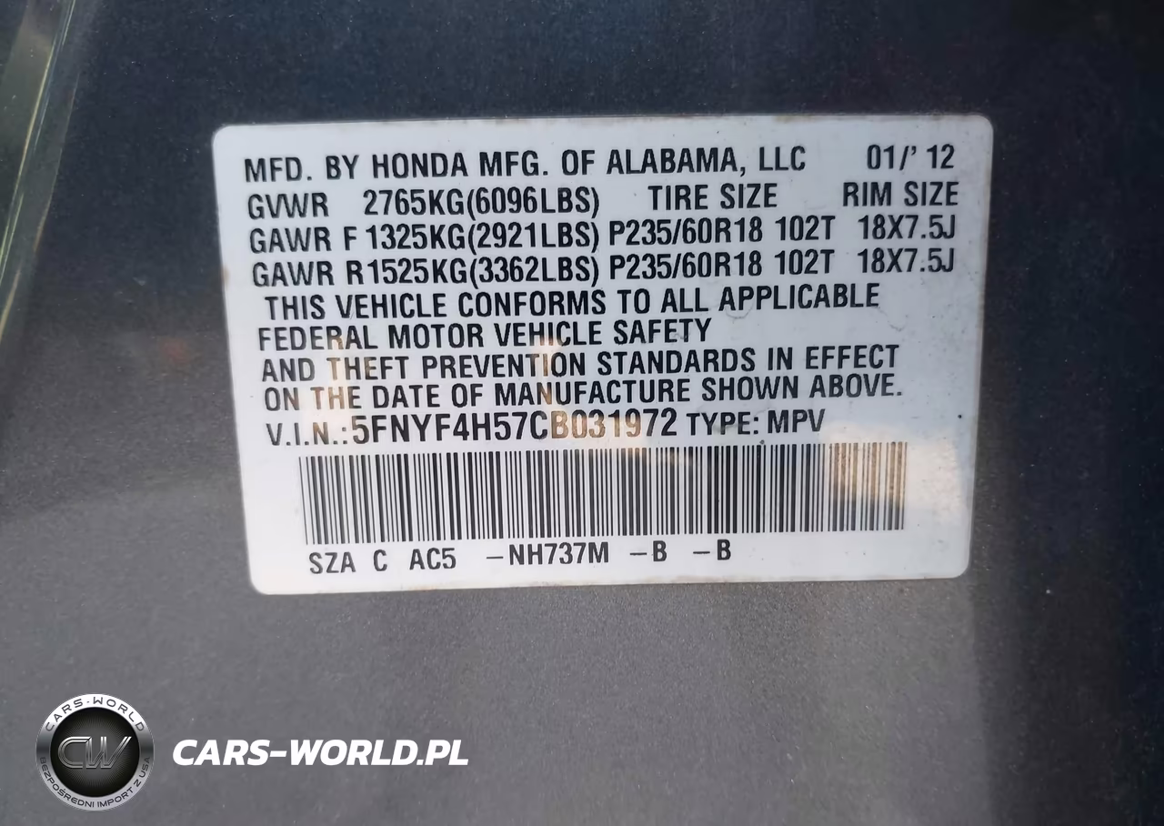 2012 Honda Pilot Ex-L VIN:5FNYF4H57CB031972 - 9
